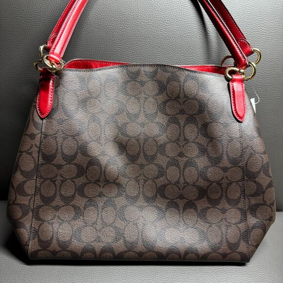 Coach Hallie In Signature Canvas Shoulder Bag Brown True Red NWT $398 - Picture 10 of 12